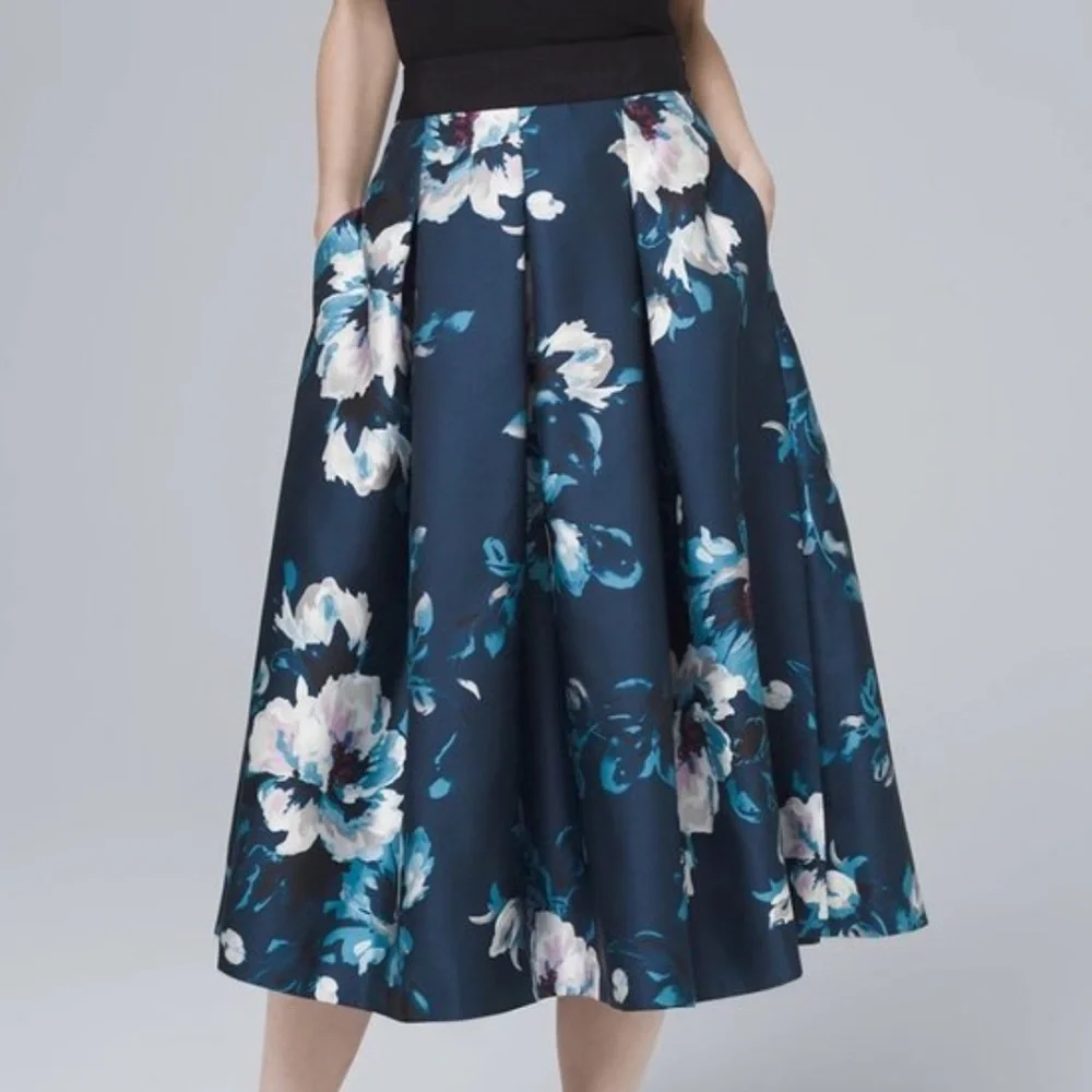 WHBM Blue and Pink Floral Print Full Midi Skirt, 00 - Picture 2 of 7